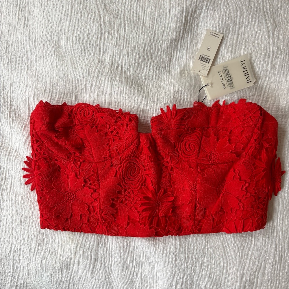 Anthropologie- Bardot Red Strapless floral appliqué Bustier Top